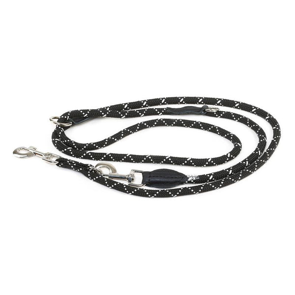 Black dog lead with reflective white stripes and metal carabiners, adjustable for different lengths.