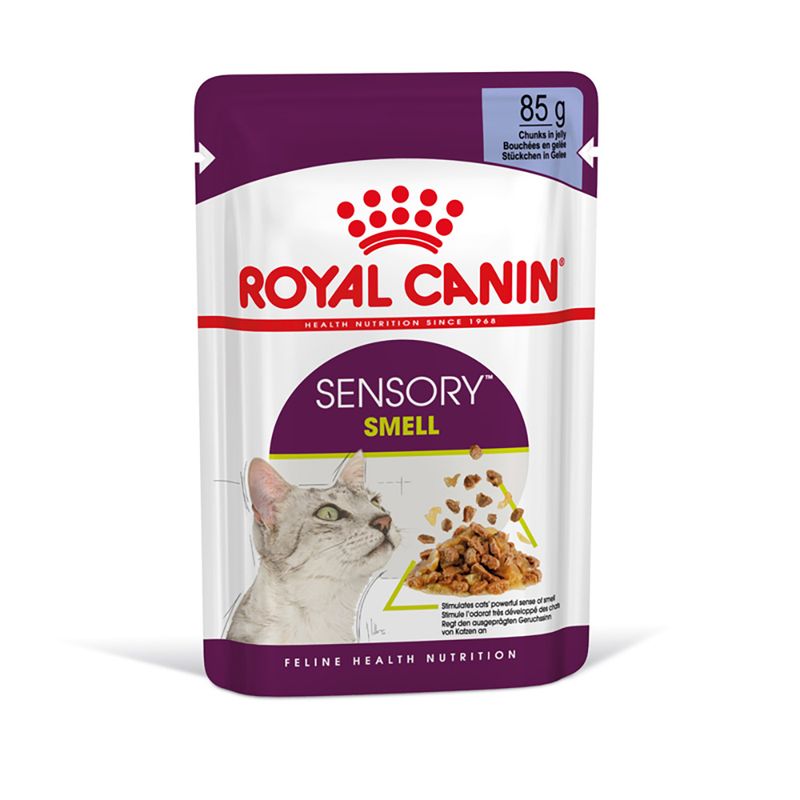 Sensory Smell, chunks in jelly, 85g. Stimulates cats’ powerful sense of smell. Feline health nutrition.