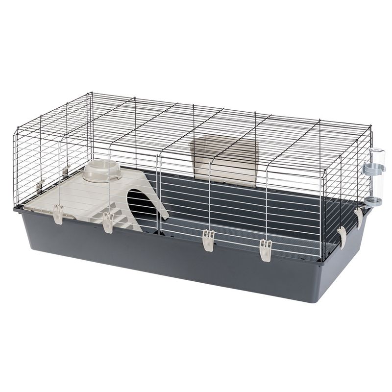 Small animal cage with metal grid walls, grey plastic tray, integrated house, water bottle and food bowl. Suitable for indoor use.