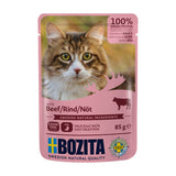 Bozita cat food with beef, 85g. 100% animal protein, grain-free, Swedish natural ingredients, Made in Sweden. Chunks in gravy for good taste and easy digestion.