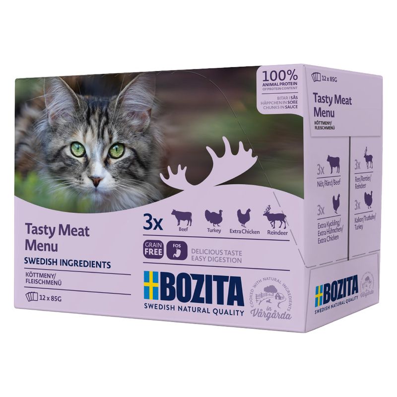 Bozita Tasty Meat Menu, 12x85g, grain-free, 100% animal protein. Varieties: beef, turkey, extra chicken, reindeer. Swedish ingredients for easy digestion.
