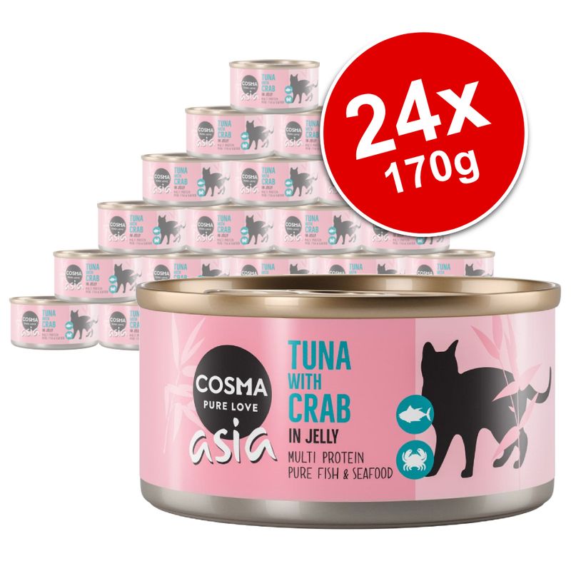 Cosma Asia Tuna with Crab in Jelly, multi protein pure fish & seafood, 24x170g tins visible, pink label with black cat silhouette and blue fish and crab icons