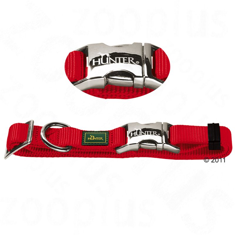 Red dog collar with metal clasp and Hunter logo, includes D-ring for lead.