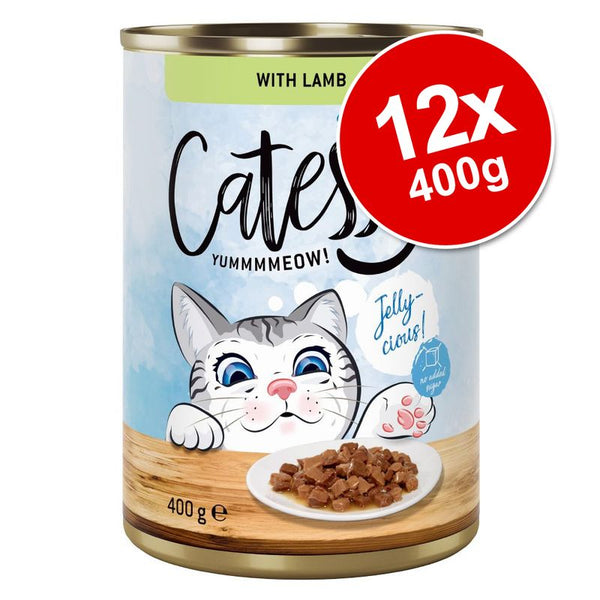 Catesse Yummmmeow! with lamb, 12 x 400g cans. Visible text: Jelly-cious!, no added sugar. Image shows chunks in jelly on a plate. 400g e.