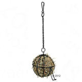 Hanging hay ball made of metal with chain and carabiner, filled with hay. Suitable for attachment in cages or enclosures.