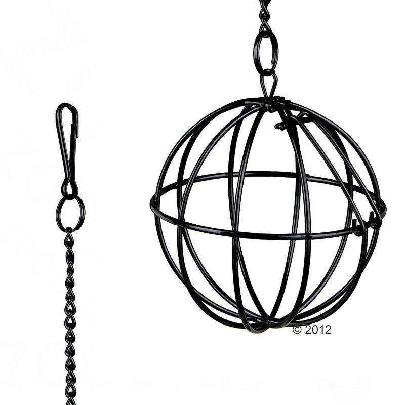 Black metal feeding ball with chain and hook for hanging, suitable for food or toys.