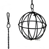 Black metal feeding ball with chain and hook for hanging, suitable for food or toys.