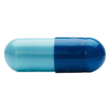 Two-coloured capsule, light blue and dark blue, no visible labelling or further information.