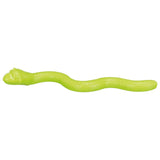 Green snake-shaped toy made of plastic with textured body and embossed head.
