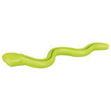 Green snake-shaped toy made of plastic with textured details along the body.