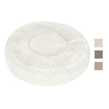 Round, fluffy pet bed in white with three colour options: beige, grey and brown.