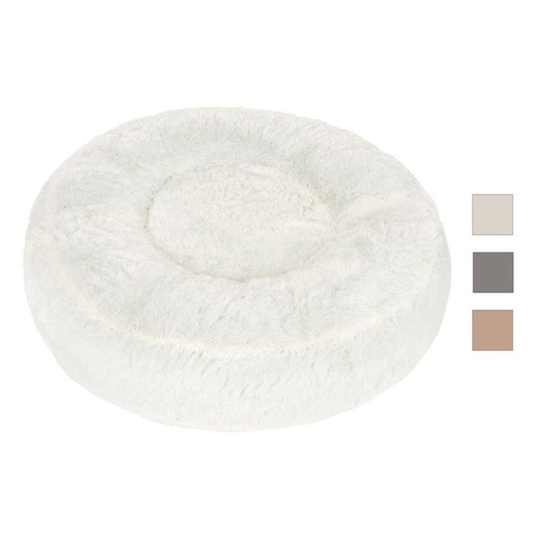 Round, fluffy pet bed in white with three colour options: beige, grey and brown.