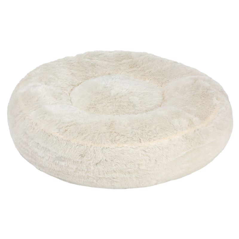 Round, plush, cream-coloured pet bed with raised edges and a soft, fluffy surface, shown from above to display its shape and texture.