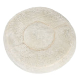 Round, plush, cream-coloured pet bed with a raised edge and soft, fluffy texture, shown from above to display its circular shape and cushioned centre.