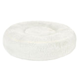 Round, plush, white pet bed with raised edges and a soft centre, shown on a plain background.