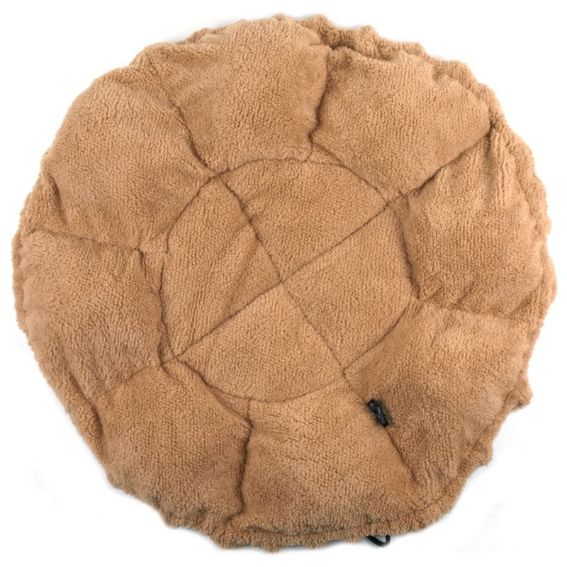 Round, brown plush cushion with quilted design and soft surface.