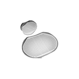 Plastic slatted tray with raised edges, shown from two angles. Designed to allow liquid to drain through the slots while keeping the surface above dry.