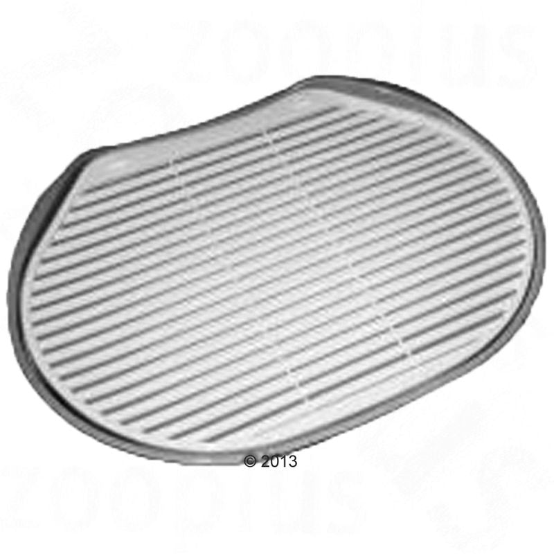 Plastic tray with raised slats, designed to allow liquid to drain below the surface. Suitable for use as a base or insert in pet-related products.