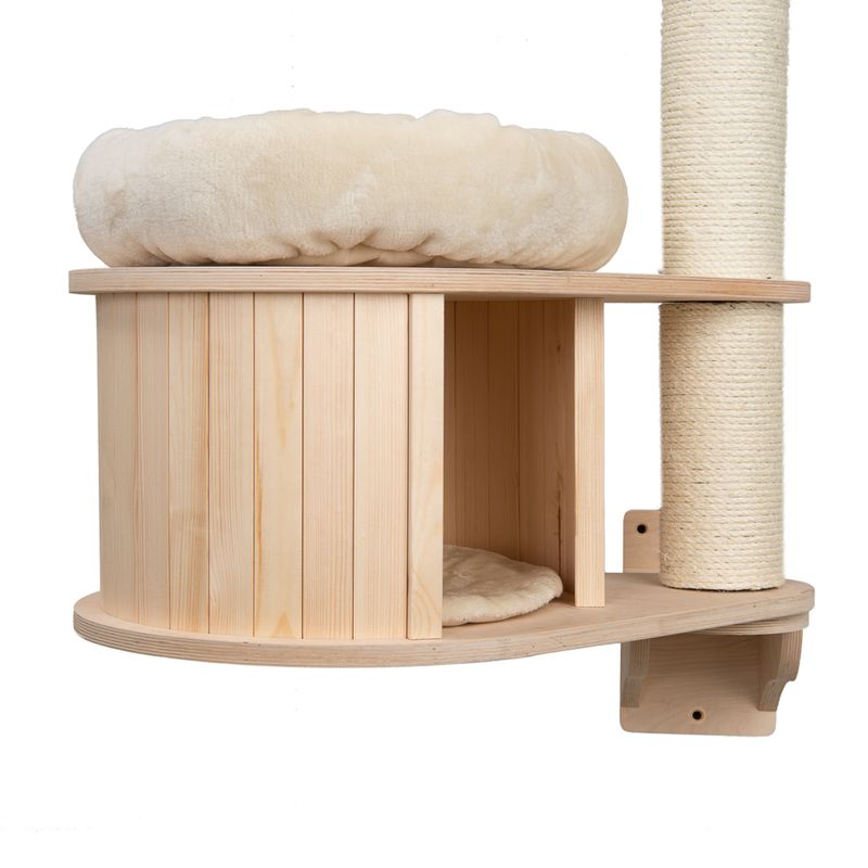 Cat tree made of wood with sisal scratching post, padded lying surface and protected retreat area.