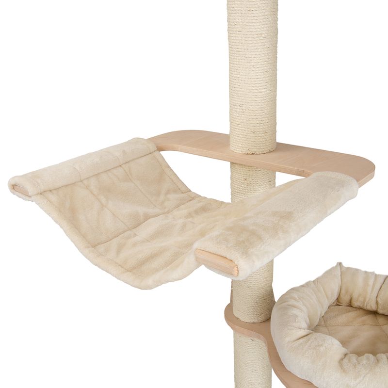 Cat tree with beige plush hammock and round padded sleeping area, wooden platforms and sisal-wrapped post.