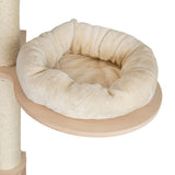 Beige, round cuddly bed made of soft fabric on a wooden platform, part of a scratching post with a sisal-wrapped trunk.