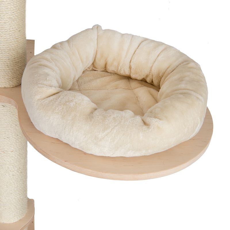 Beige, round cuddly bed made of soft fabric on a wooden platform, part of a scratching post with a sisal-wrapped trunk.