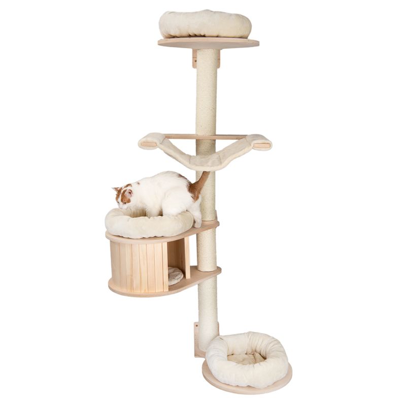 Cat tree made of wood with multiple levels, sisal post and padded resting areas. White cat on middle level. Suitable for climbing and resting.