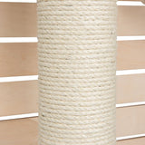 Scratching post wrapped with light sisal rope, wooden slats in the background.