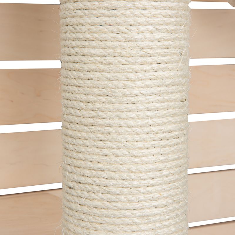 Scratching post wrapped with light sisal rope, wooden slats in the background.
