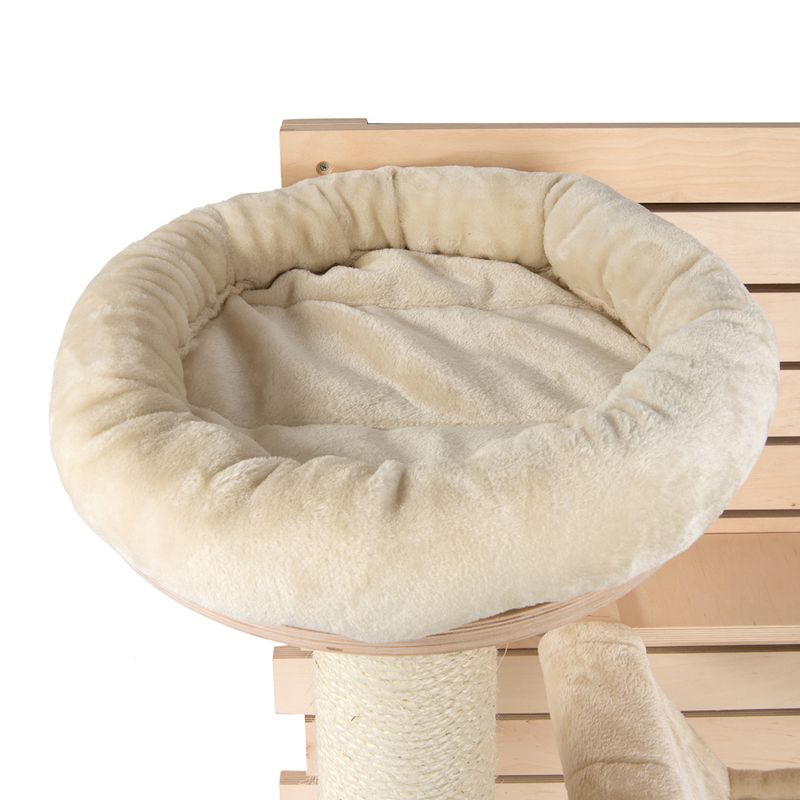 Beige, round plush bed on a scratching post with wood and sisal elements.
