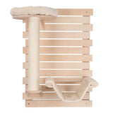 Wall-mounted scratching post set made of wood with sisal scratching column, padded lying surface and hammock. Ideal for saving space.
