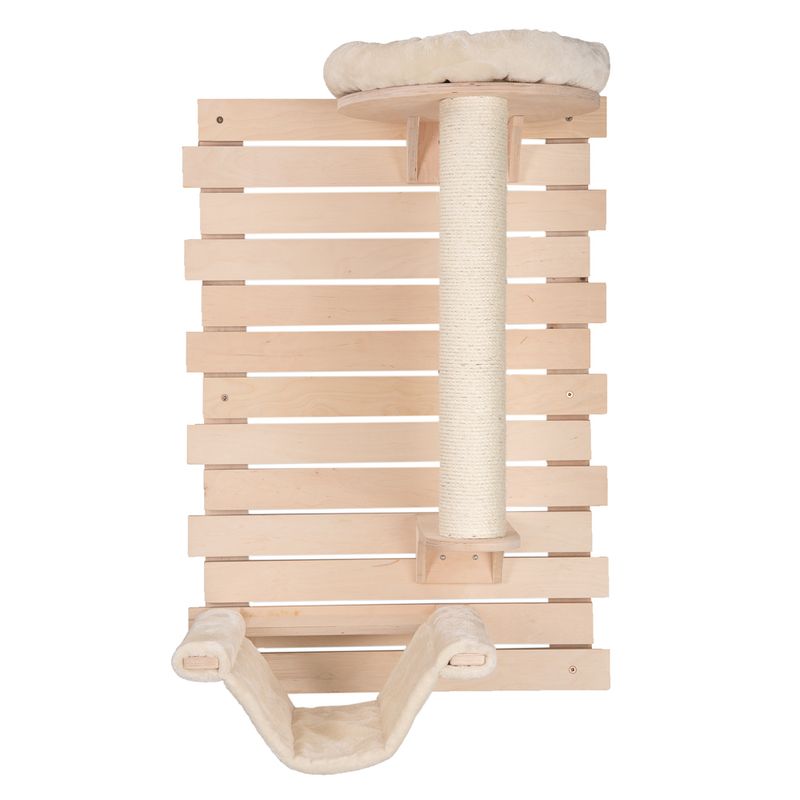 Wall-mounted scratching post made of wood with sisal scratching pole, padded top lying surface and hammock below.