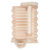 Wall-mounted scratching post made of wood with sisal scratching pole, padded top lying surface and hammock below.