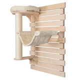 Wall-mounted scratching post set made of wood with sisal scratching post, padded lying surface and hammock. Ideal for saving space.