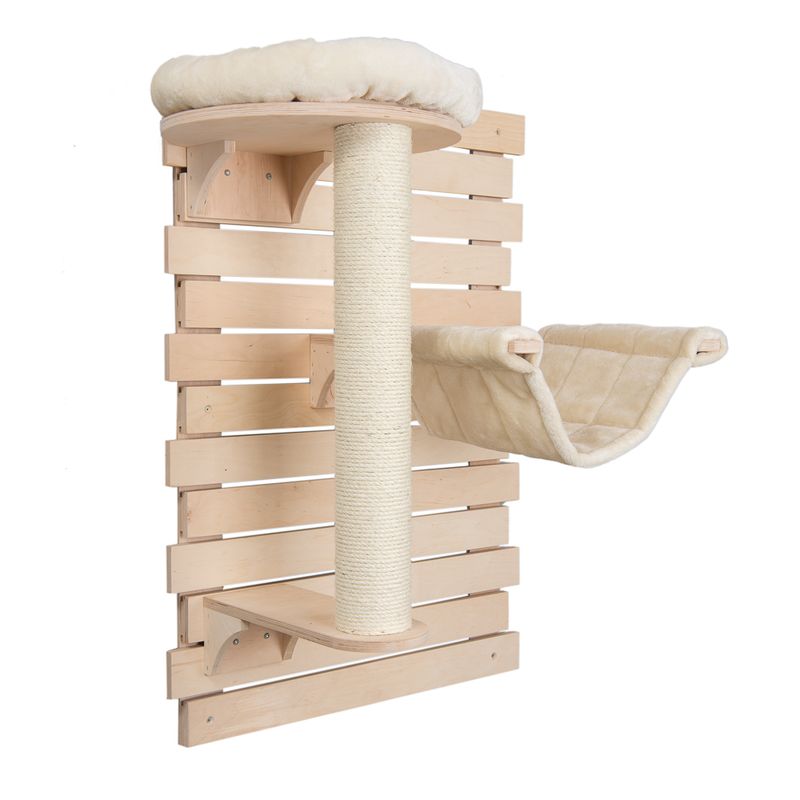 Wall-mounted cat tree made of wood with sisal scratching post, padded lying surface and hammock in beige.