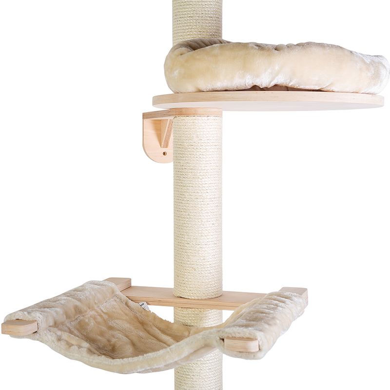 Cat tree with sisal post, wooden platform and two beige plush lying surfaces.
