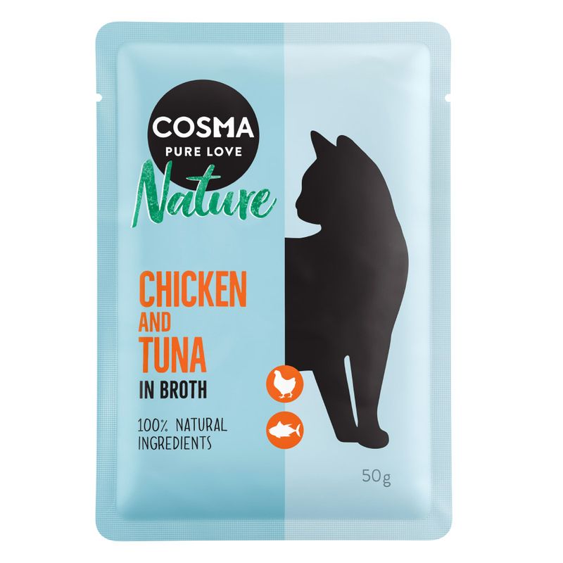 Cosma Nature Pure Love. Chicken and tuna in broth, 100% natural ingredients, 50g. Silhouette of a cat and icons for chicken and fish.