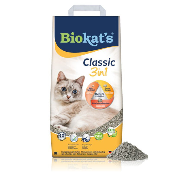 Biokat's Classic 3in1 cat litter, hygiene formula with fast odour control, higher yield and firm clumps. CO2-reduced, natural clay, 18L pack.