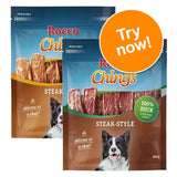 Two resealable steak-style snack packs with visible strips, green badge stating 100% duck in the meat content, and an orange circle reading 'Try now!'.