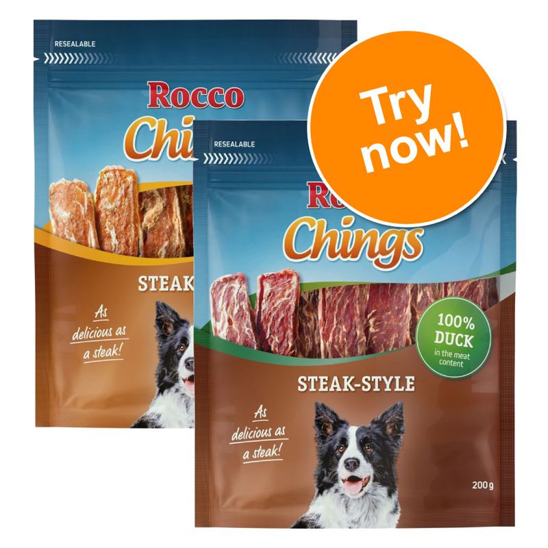 Two resealable steak-style snack packs with visible strips, green badge stating 100% duck in the meat content, and an orange circle reading 'Try now!'.