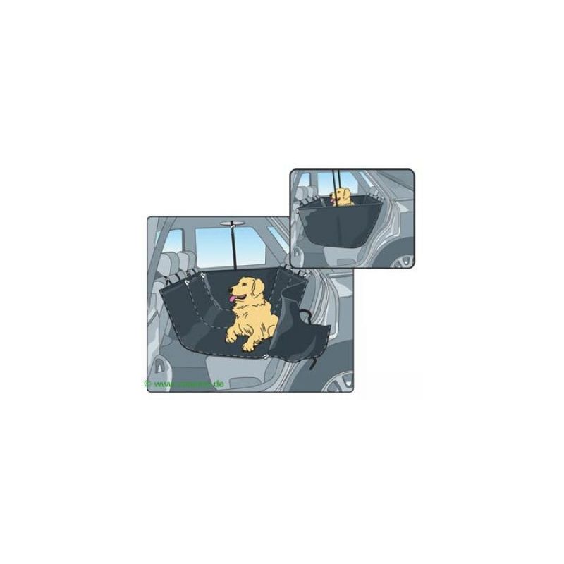 Illustration showing a car seat cover installed in the back seat, with a dog sitting on it. Inset image displays the cover from a different angle for clarity.