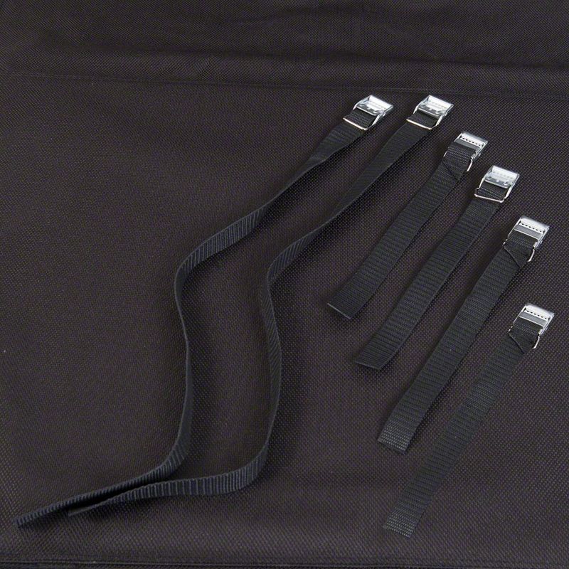 Black straps with metal buckles, suitable for fastening or securing items. Five short and one long strap visible.