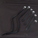 Black straps with metal buckles, suitable for fastening or securing items. Five short and one long strap visible.