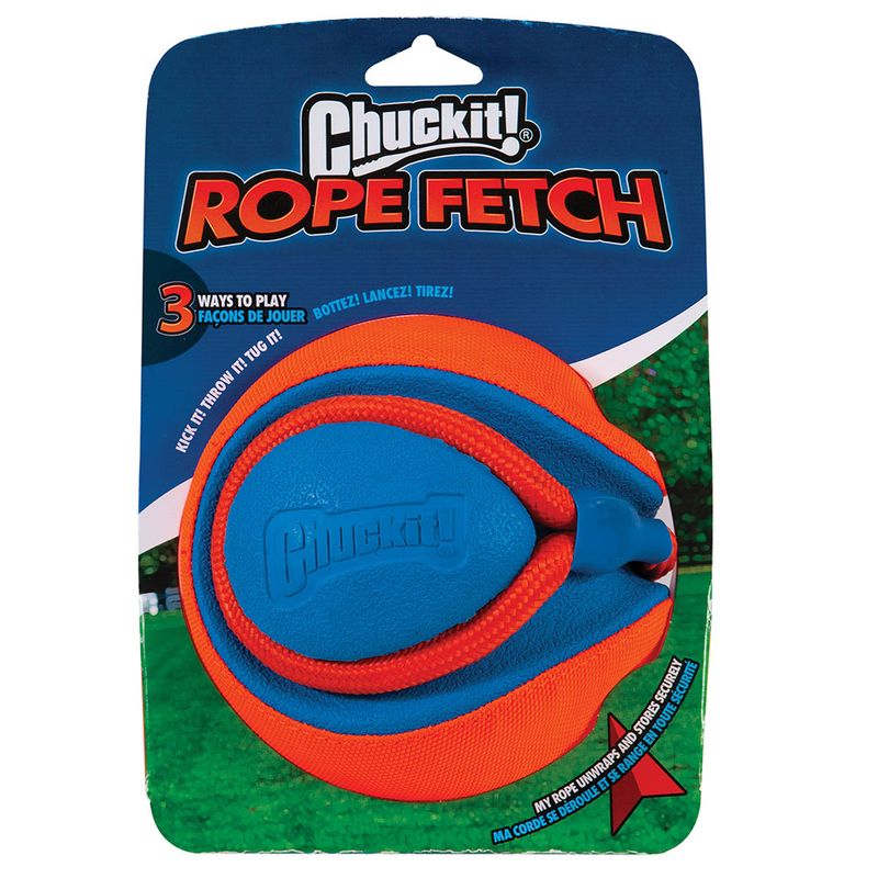 Chuckit! Rope Fetch toy, blue-orange. Three play options: Kick it, Throw it, Tug it. Rope unwinds and stores securely.