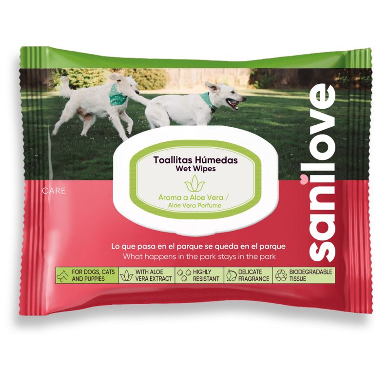 Sanilove wet wipes with aloe vera scent, suitable for dogs, cats and puppies. Features: highly durable, delicate fragrance, biodegradable material.