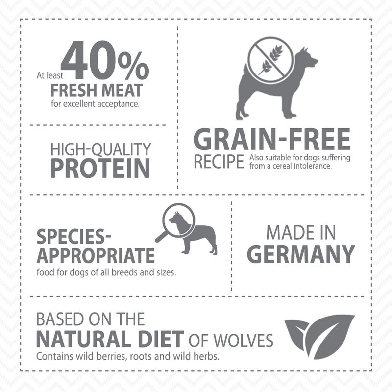 At least 40% fresh meat, high-quality protein, grain-free recipe, species-appropriate food, made in Germany, based on the natural diet of wolves with wild berries, roots and herbs.