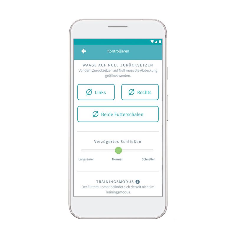 App screen with options: reset scale to zero, select left, right or both feeding bowls. Closing delay adjustable from slower to faster.