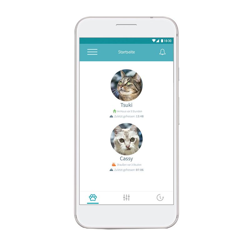 Smartphone app shows status of two cats: Tsuki indoors, last fed at 13:48; Cassy outdoors, last fed at 07:06.