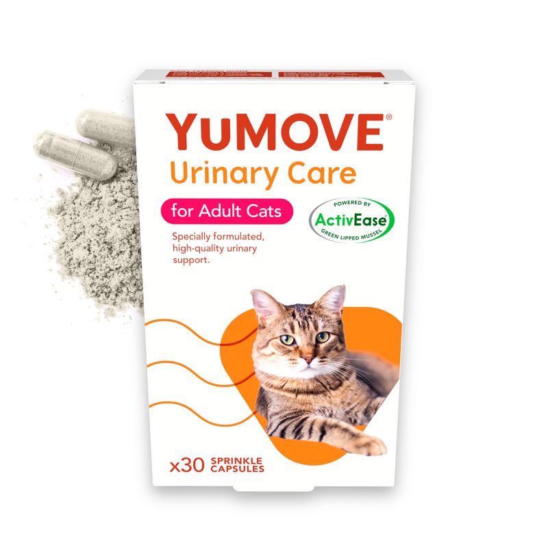 YuMOVE Urinary Care for Adult Cats, specially formulated urinary support with ActivEase, 30 sprinkle capsules shown with powder and capsule contents visible.