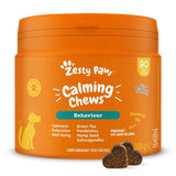 Zesty Paws Calming Chews, 90 soft chews, rich in turkey. Features: calmness, relaxation, well-being, green tea, postbiotics, hemp seed, ashwagandha. 300g tub shown.